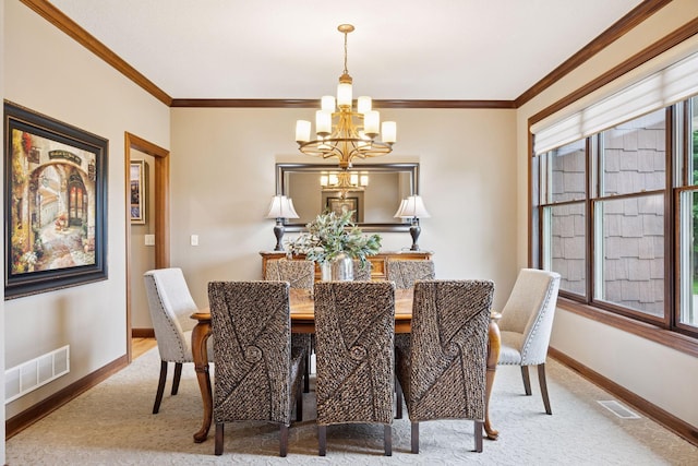 7461 Merrimac Ln N, Maple Grove, MN 55311 - dining room featuring a chandelier, ornamental molding, carpet flooring, and plenty of natural light