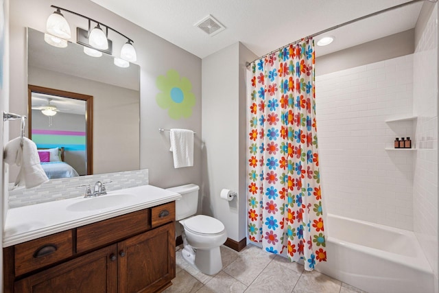 7461 Merrimac Ln N, Maple Grove, MN 55311 - ensuite bathroom with vanity, tile patterned floors, shower / bath combo, and tasteful backsplash