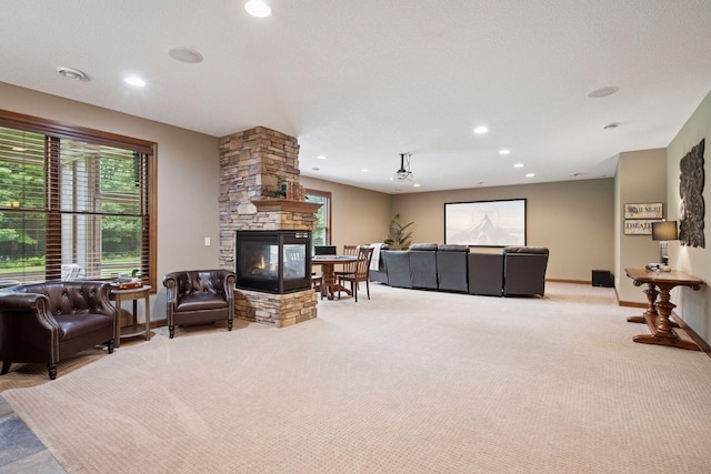 7461 Merrimac Ln N, Maple Grove, MN 55311 - living room with carpet flooring, healthy amount of natural light, a fireplace, and recessed lighting