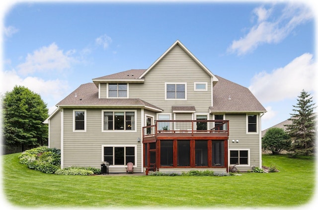 7461 Merrimac Ln N, Maple Grove, MN 55311 - back of property featuring a lawn, a wooden deck, and roof with shingles