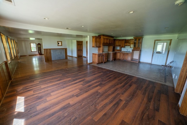 43724 County Highway 19, Blowers Twp, MN 56477 - unfurnished living room featuring dark wood finished floors and recessed lighting