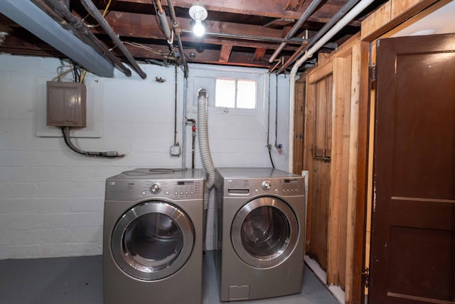 1702 Minnehaha Ave W, Saint Paul, MN 55104 - laundry area with washing machine and dryer, electric panel, and concrete block wall
