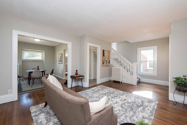 1702 Minnehaha Ave W, Saint Paul, MN 55104 - living room featuring radiator, stairway, and wood finished floors