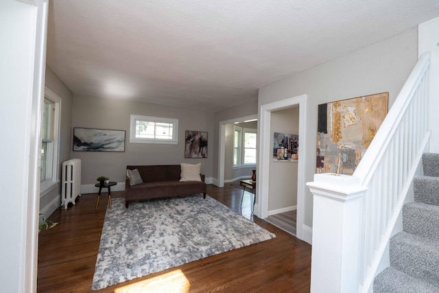1702 Minnehaha Ave W, Saint Paul, MN 55104 - living room with radiator, dark wood finished floors, and stairway