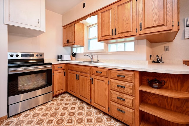 1314 Parkview Ave, Winona, MN 55987 - kitchen featuring stainless steel range with electric stovetop, light countertops, and brown cabinetry