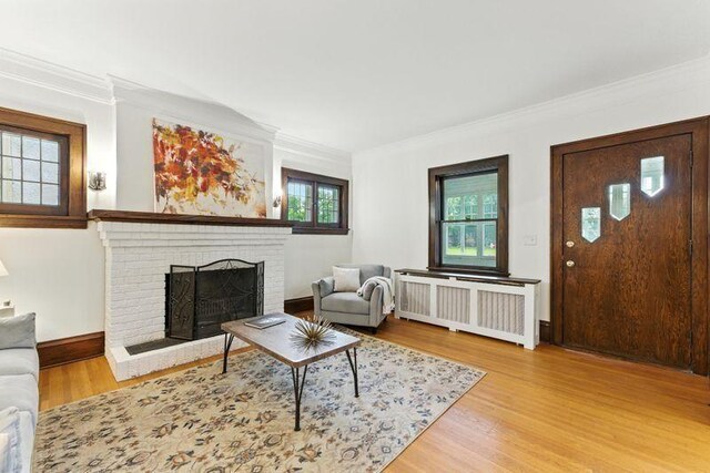 3148 Bryant Ave S, Minneapolis, MN 55408 - living area featuring radiator, ornamental molding, wood finished floors, and a fireplace