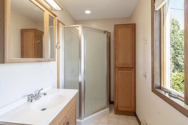 41072 280th St, Arlington Twp, MN 55307 - full bathroom with vanity, a shower stall, and recessed lighting