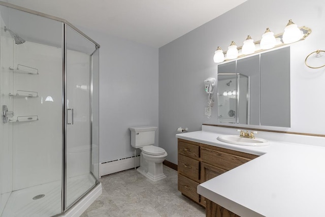 41072 280th St, Arlington Twp, MN 55307 - bathroom featuring baseboard heating, vanity, and a stall shower