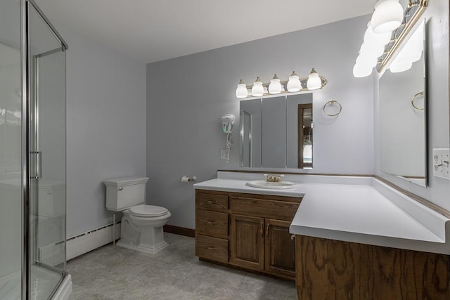 41072 280th St, Arlington Twp, MN 55307 - bathroom featuring a baseboard heating unit, vanity, and a stall shower