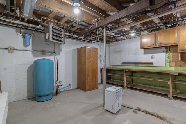 41072 280th St, Arlington Twp, MN 55307 - unfinished below grade area featuring a water pressure tank, a workshop area, and a heating unit