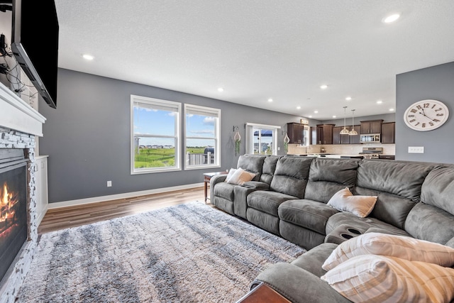 5027 Jansen Ave NE, Saint Michael, MN 55376 - living area with wood finished floors, a stone fireplace, and recessed lighting