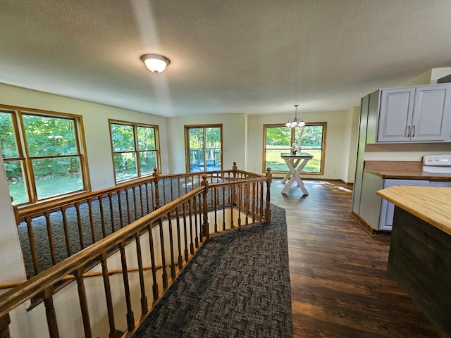 21578 Edwards Dr, Irondale Twp, MN 56455 - hall with an upstairs landing, a chandelier, dark wood-style floors, plenty of natural light, and a textured ceiling