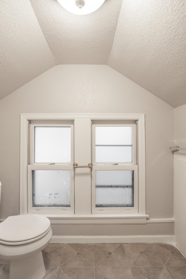 3919 Dupont Ave N, Minneapolis, MN 55412 - bathroom featuring lofted ceiling, a textured ceiling, and tile patterned flooring