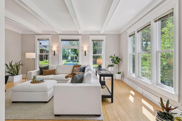 2432 Pleasant Ave, Minneapolis, MN 55404 - living room featuring beamed ceiling and light wood-style flooring