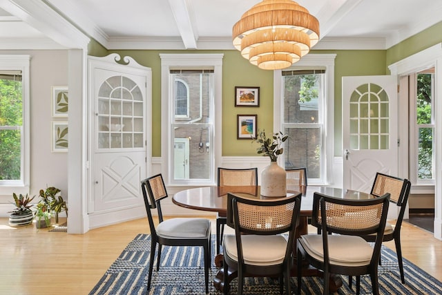 2432 Pleasant Ave, Minneapolis, MN 55404 - dining space with light wood finished floors, beam ceiling, wainscoting, and crown molding