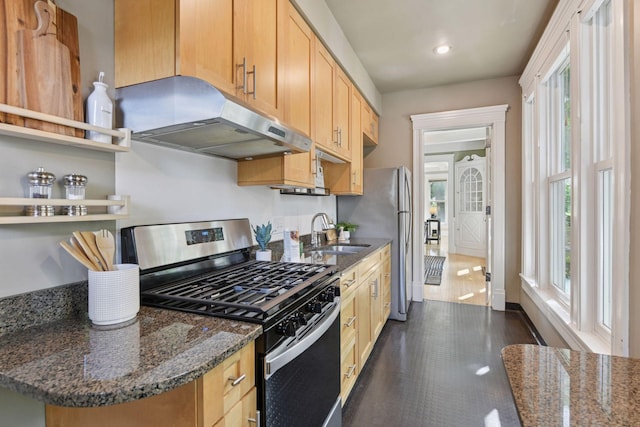 2432 Pleasant Ave, Minneapolis, MN 55404 - kitchen with stainless steel appliances, under cabinet range hood, open shelves, dark stone countertops, and recessed lighting