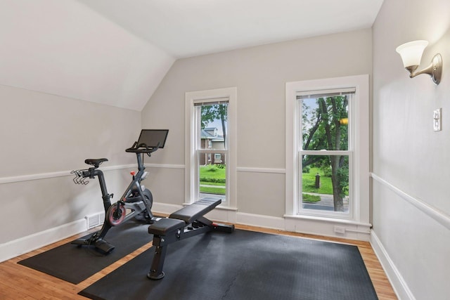 2432 Pleasant Ave, Minneapolis, MN 55404 - exercise area featuring wood finished floors and lofted ceiling