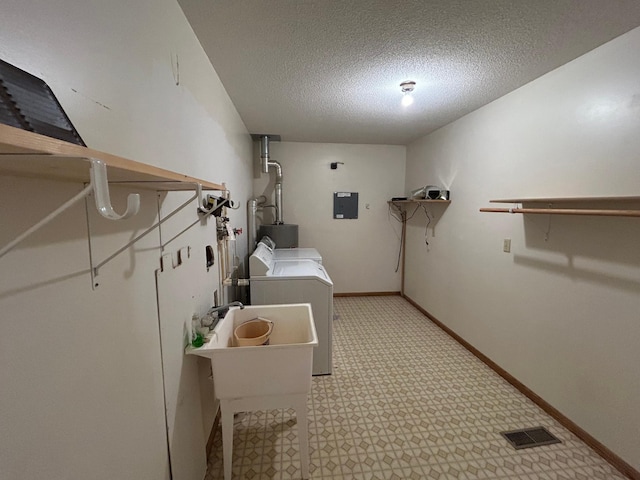 353 River Dr, Park Rapids, MN 56470 - washroom featuring electric panel, a textured ceiling, and washing machine and clothes dryer