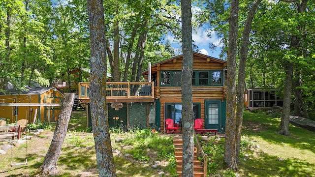 29351 410th Pl, Farm Island Twp, MN 56431 - rear view of house with a wooden deck and stairs