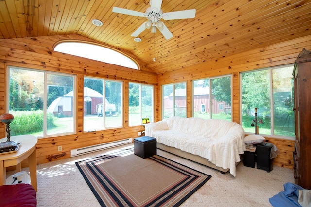 18726 Juneberry Rd, Mankato, MN 56001 - carpeted bedroom featuring a baseboard radiator, lofted ceiling, wood walls, and wood ceiling