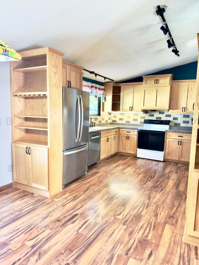 2001 25th St SW, Willmar, MN 56201 - kitchen featuring open shelves, rail lighting, light brown cabinets, appliances with stainless steel finishes, and a textured ceiling
