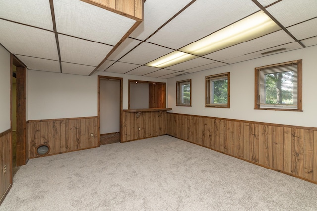 110 Hamilton Dr, River Falls, WI 54022 - below grade area featuring carpet, wainscoting, wood walls, and a drop ceiling