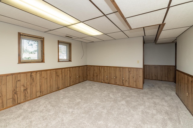 110 Hamilton Dr, River Falls, WI 54022 - basement with a wainscoted wall, wood walls, and light carpet