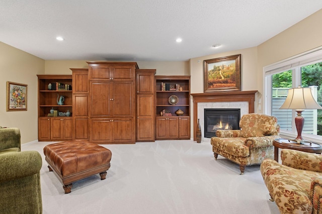 11444 Clarion Way, Minnetonka, MN 55343 - living room with light colored carpet, recessed lighting, a fireplace, and a textured ceiling