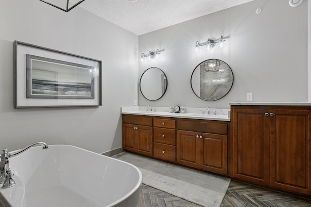 11444 Clarion Way, Minnetonka, MN 55343 - bathroom with double vanity, a soaking tub, and a textured ceiling