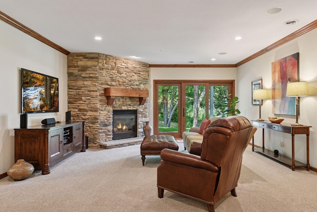 11444 Clarion Way, Minnetonka, MN 55343 - living area featuring carpet, ornamental molding, a fireplace, and recessed lighting