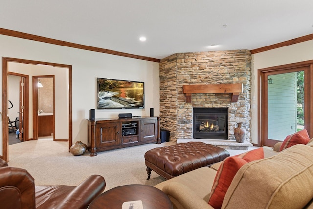 11444 Clarion Way, Minnetonka, MN 55343 - living area featuring crown molding, light colored carpet, and a fireplace