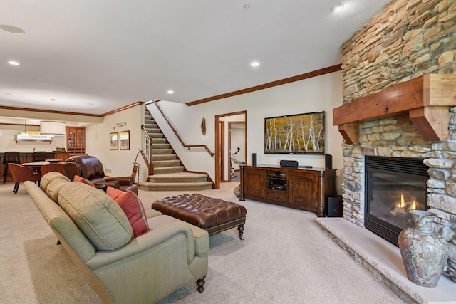 11444 Clarion Way, Minnetonka, MN 55343 - living area with light colored carpet, ornamental molding, stairs, recessed lighting, and a fireplace