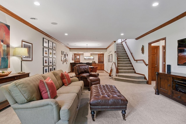 11444 Clarion Way, Minnetonka, MN 55343 - living area with light colored carpet, recessed lighting, crown molding, and stairway