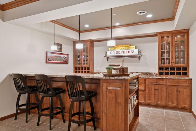 11444 Clarion Way, Minnetonka, MN 55343 - indoor wet bar featuring light tile patterned flooring, pendant lighting, recessed lighting, a raised ceiling, and ornamental molding