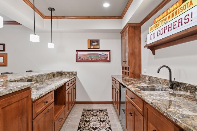 11444 Clarion Way, Minnetonka, MN 55343 - bar area featuring dishwasher, pendant lighting, ornamental molding, and light tile patterned floors