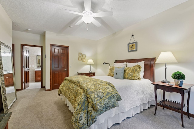 11444 Clarion Way, Minnetonka, MN 55343 - bedroom with light colored carpet, a textured ceiling, ensuite bathroom, and a ceiling fan