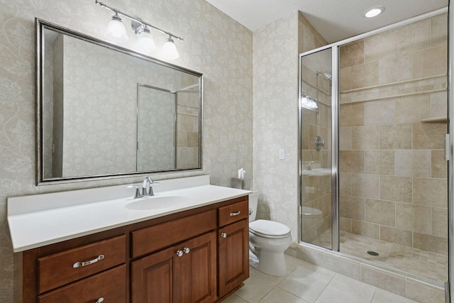 11444 Clarion Way, Minnetonka, MN 55343 - bathroom with vanity, a shower stall, tile patterned floors, and wallpapered walls