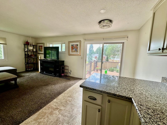 2728 111th Ave NW, Coon Rapids, MN 55433 - kitchen featuring plenty of natural light, a textured ceiling, a peninsula, and dark countertops