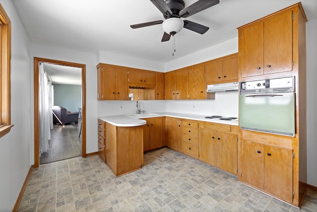 520 Park Island Rd Unit 2, Center City, MN 55012 - kitchen featuring white appliances, under cabinet range hood, a ceiling fan, light countertops, and brown cabinetry