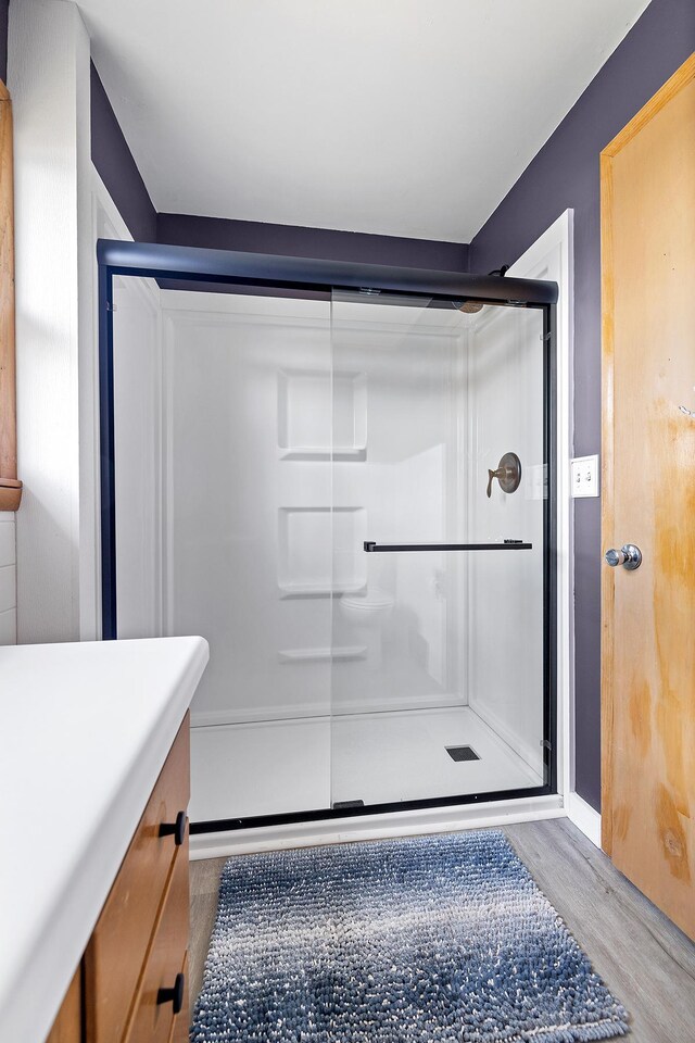 520 Park Island Rd Unit 2, Center City, MN 55012 - bathroom featuring wood finished floors, a stall shower, and vanity