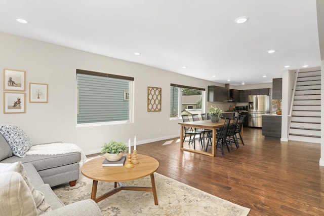 4640 Portland Ave, Minneapolis, MN 55407 - living area featuring stairs, dark wood-style flooring, and recessed lighting