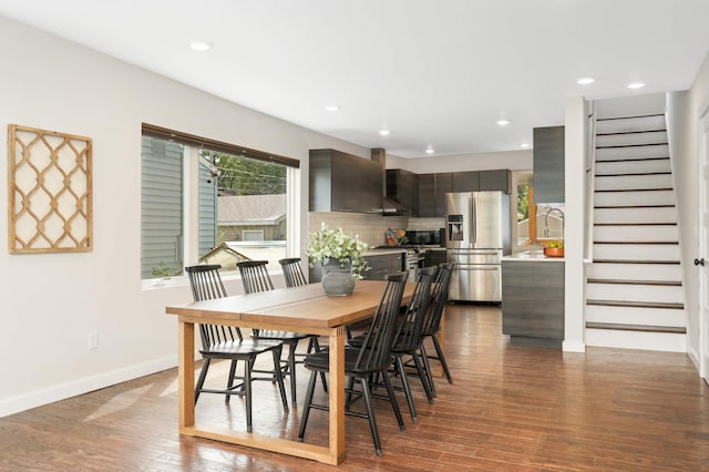 4640 Portland Ave, Minneapolis, MN 55407 - dining area with dark wood-style floors, stairway, and recessed lighting