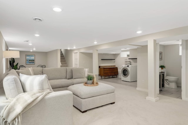 4640 Portland Ave, Minneapolis, MN 55407 - living area with washer / clothes dryer, recessed lighting, light carpet, and stairway
