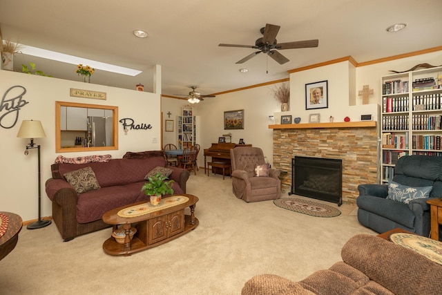 1925 Cabernet Ln NW, Rochester, MN 55901 - living room with carpet flooring, ceiling fan, ornamental molding, a fireplace, and recessed lighting