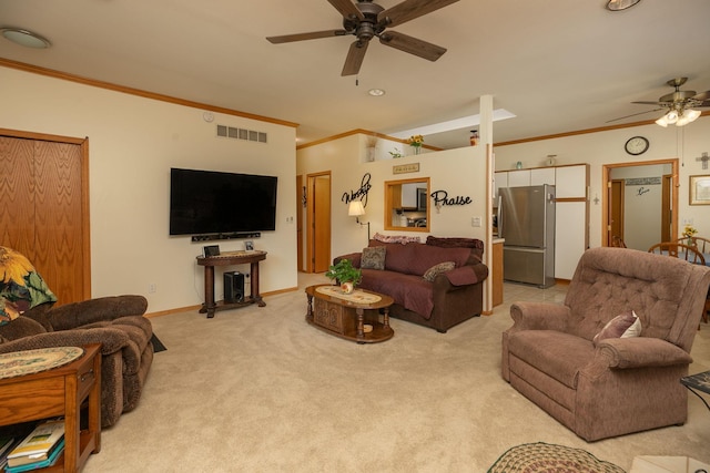 1925 Cabernet Ln NW, Rochester, MN 55901 - living area featuring a ceiling fan, light carpet, and ornamental molding
