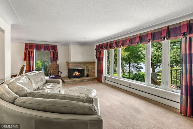 26 Golden Lake Rd, Circle Pines, MN 55014 - carpeted living area with baseboard heating, a textured ceiling, and a fireplace