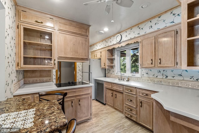 26 Golden Lake Rd, Circle Pines, MN 55014 - kitchen featuring dishwasher, open shelves, a ceiling fan, light wood-style flooring, and black electric stovetop