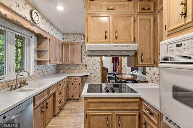 26 Golden Lake Rd, Circle Pines, MN 55014 - kitchen featuring stainless steel dishwasher, white oven, under cabinet range hood, light countertops, and black electric stovetop