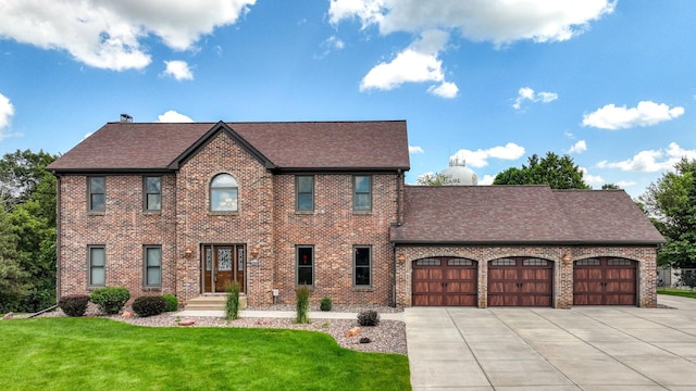 3946 Woodcrest Ct, Eau Claire, WI 54701 - colonial-style house featuring an attached garage, concrete driveway, a front lawn, and brick siding