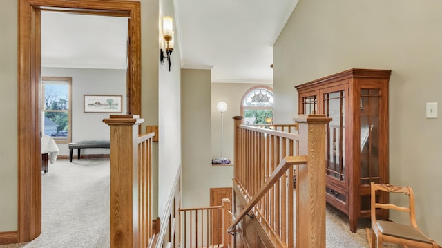 3946 Woodcrest Ct, Eau Claire, WI 54701 - hall with an upstairs landing, carpet flooring, and ornamental molding